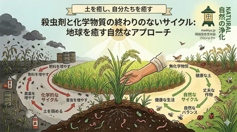 左側には農薬と害虫が増え続ける暗い化学的なサイクル、右側には無農薬で健康な土と作物が育つ明るい自然なサイクルが描かれた対比イラスト。中央には手を添えられた青々とした稲が育っている。
