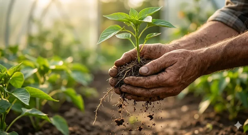 A pair of weathered hands gently cradling a young healthy plant with vibrant green leaves and strong visible roots, with dark fertile soil falling between the fingers./豊かな黒土が指の間からこぼれ落ちる中、瑞々しい緑の葉と力強い根を持った若い苗を、優しく両手で包み込むように持っている人の手元。