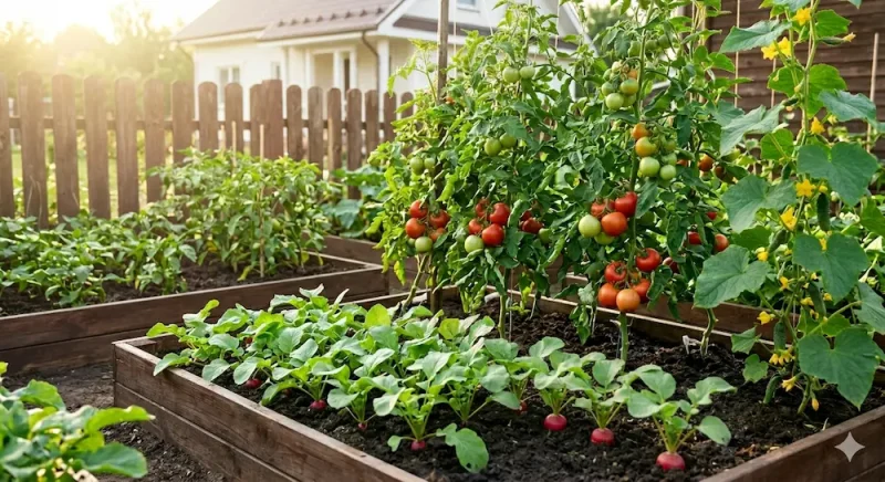A bright and clean home vegetable garden with thriving tomatoes, cucumbers, and radishes growing in rich dark soil under soft morning light./朝日を浴びて元気に育つ、無農薬・無化学肥料の家庭菜園。豊かな黒土に植えられた、瑞々しいトマト、きゅうり、ラディッシュの苗と、奥に見える白い一軒家。