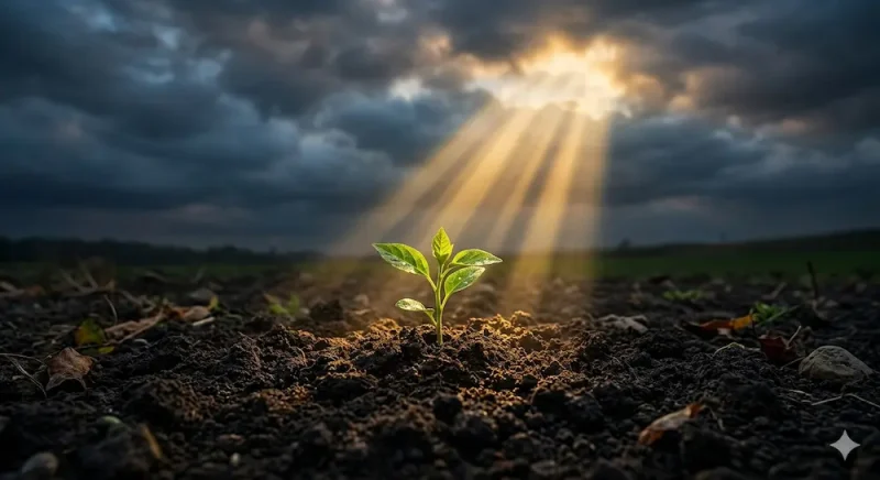 Rays of golden sunlight breaking through dark clouds, illuminating a single strong young plant growing from rich dark soil./暗い雲の間から黄金色の太陽の光が差し込み、豊かな黒土から力強く成長する1本の若い苗を照らしているドラマチックな風景。