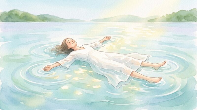 A person in a flowing white garment floating peacefully on their back in calm water, symbolizing letting go and surrendering to the flow