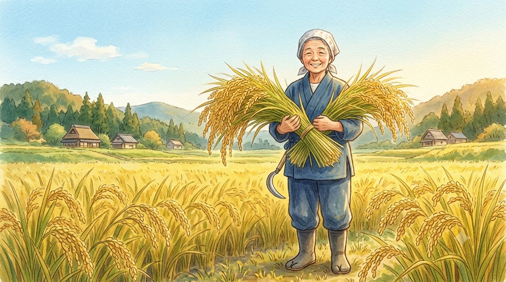 An older Japanese woman farmer smiling in a golden rice field, holding a heavy bundle of rice stalks at harvest