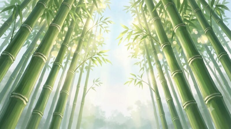 Green bamboo stalks rising toward the sky with visible nodes, sunlight filtering through, symbolizing strength and growth