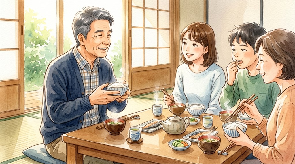A father talking warmly with his family over breakfast in morning light