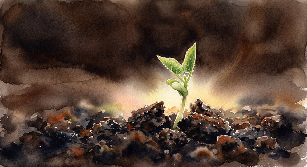 A young green seedling rising from dark soil in warm light