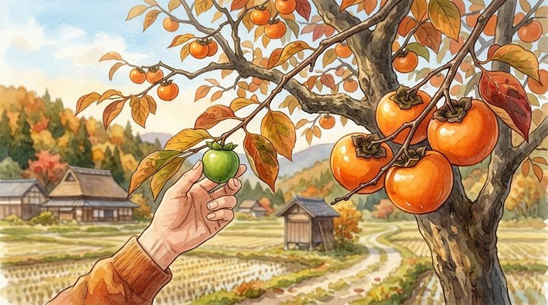 A hand reaching for an unripe green persimmon while ripe orange persimmons hang heavy on a nearby branch, in an autumn Japanese countryside